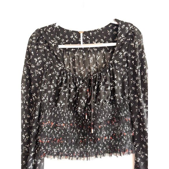 Free People Boho Milkmaid Peasant Night Out Long Sleeve Floral Size Small Blouse - Picture 3 of 9